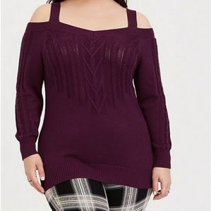BURGUNDY PURPLE CABLE KNIT OPEN SHOULDER TUNIC